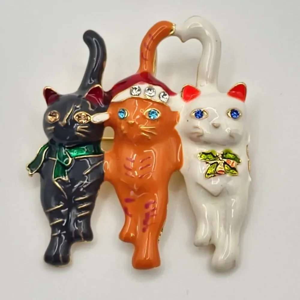 Cat Kitten Christmas Brooch Trio of Sassy Cats Enamel and Rhinestone Accents